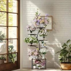 Växtställ & Blomhylla - Hörnmodell i trä - Trädform - 7 Hyllplan - 151 cm - Med LED-belysning - Inomhus - Grå Växtställ