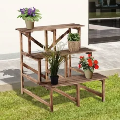 Växttrappa blomhylla 3 steg granträ 80 x 80 x 78 cm för trädgård/balkong/terrass